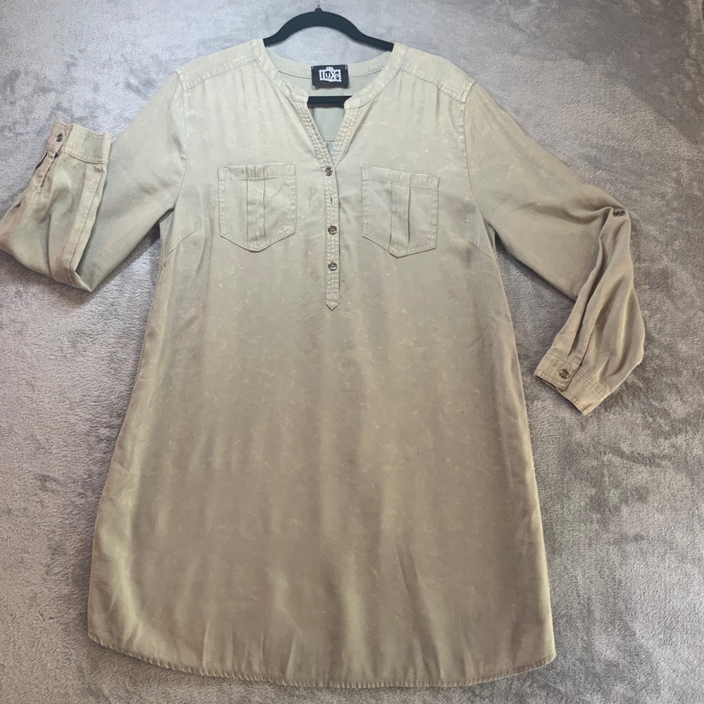 LUXE Women Olive Green Fatigue Utility Dress Faux Waxed Canvas Cotton Large